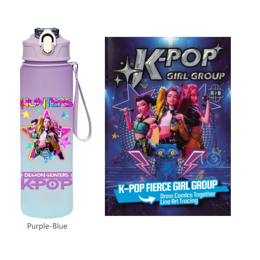 K-Pop Demon Hunters 🧃 – 750 ML Sports Bottle + Anime Coloring Book Set for Creative Kids!"