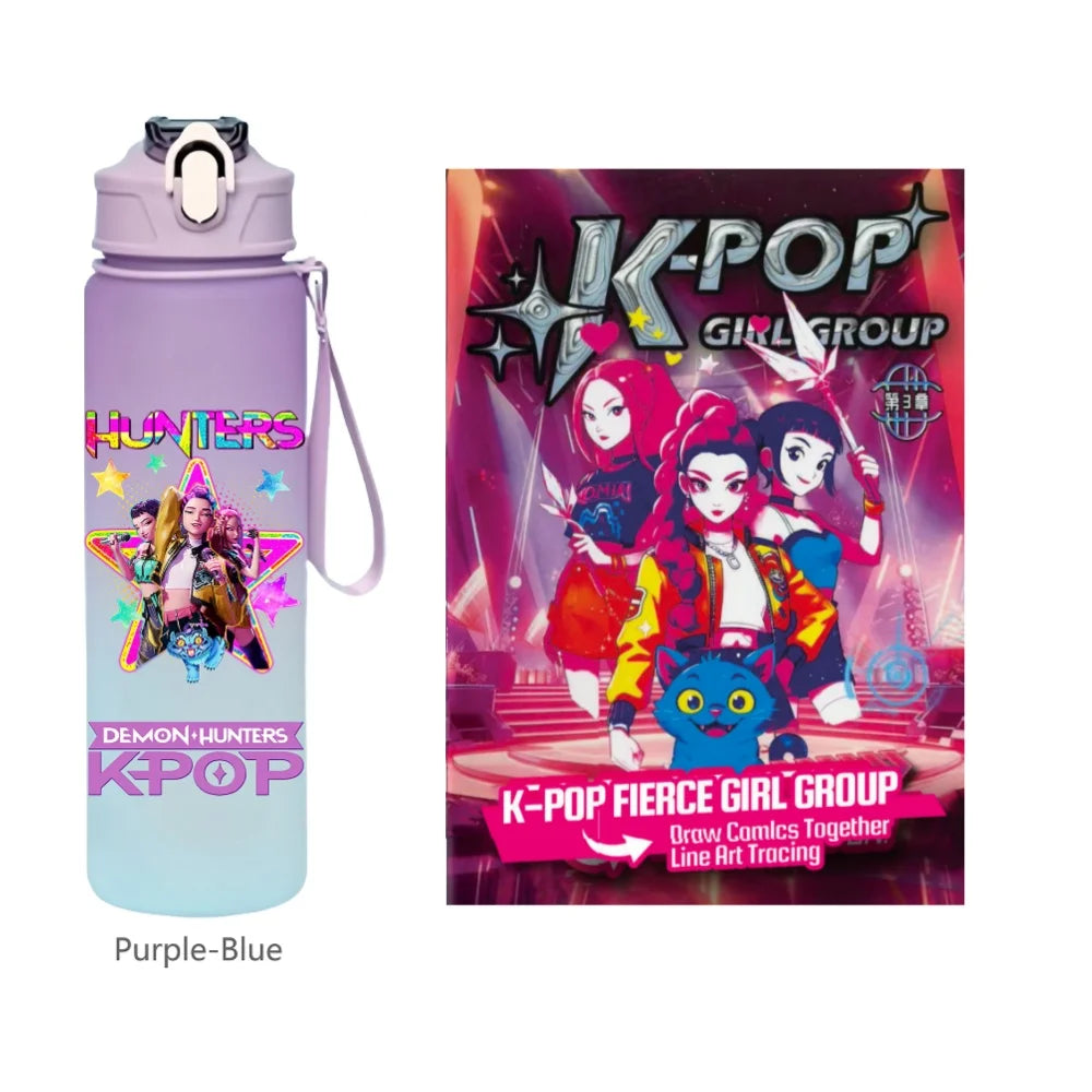 K-Pop Demon Hunters 🧃 – 750 ML Sports Bottle + Anime Coloring Book Set for Creative Kids!"