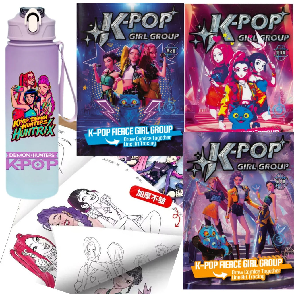 K-Pop Demon Hunters 🧃 – 750 ML Sports Bottle + Anime Coloring Book Set for Creative Kids!"
