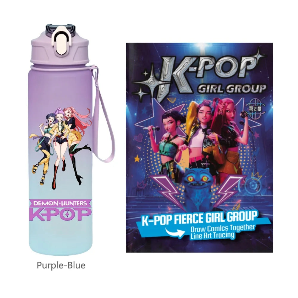 K-Pop Demon Hunters 🧃 – 750 ML Sports Bottle + Anime Coloring Book Set for Creative Kids!"