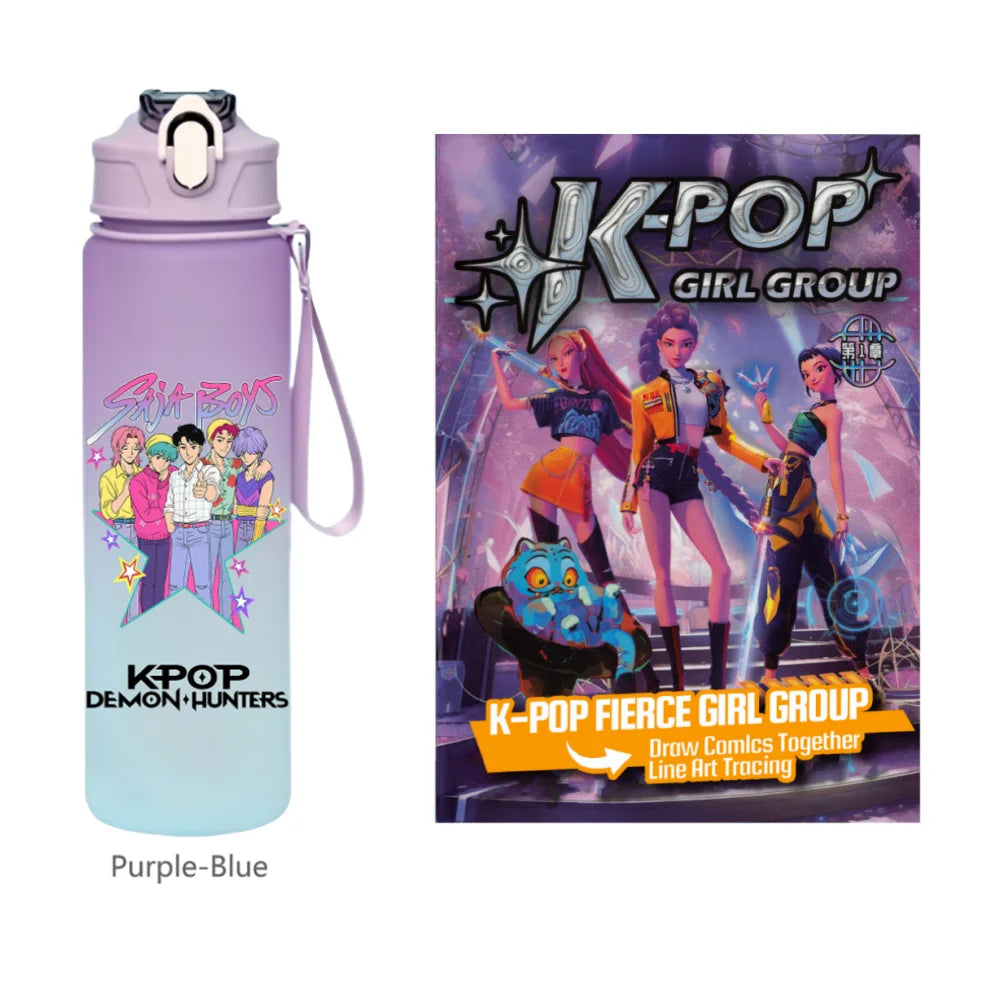 K-Pop Demon Hunters 🧃 – 750 ML Sports Bottle + Anime Coloring Book Set for Creative Kids!"