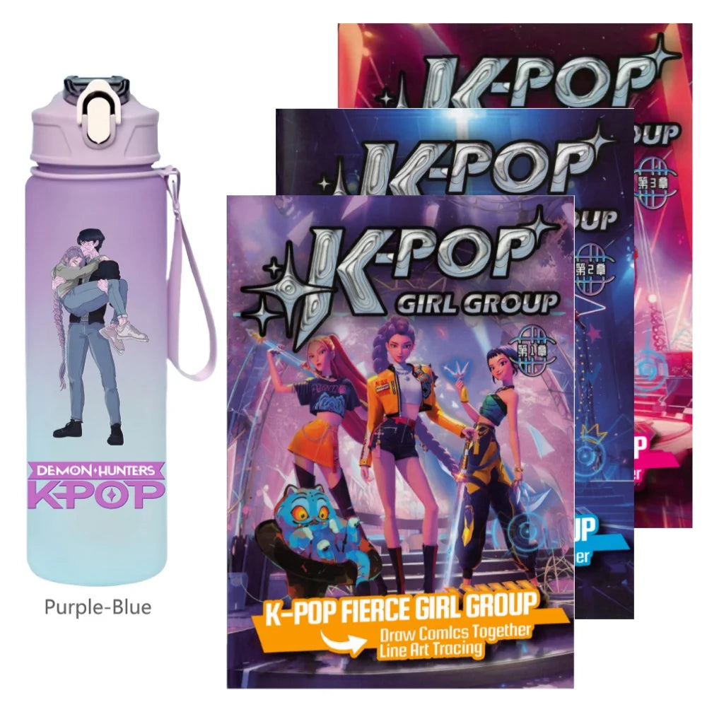 K-Pop Demon Hunters 🧃 – 750 ML Sports Bottle + Anime Coloring Book Set for Creative Kids!"