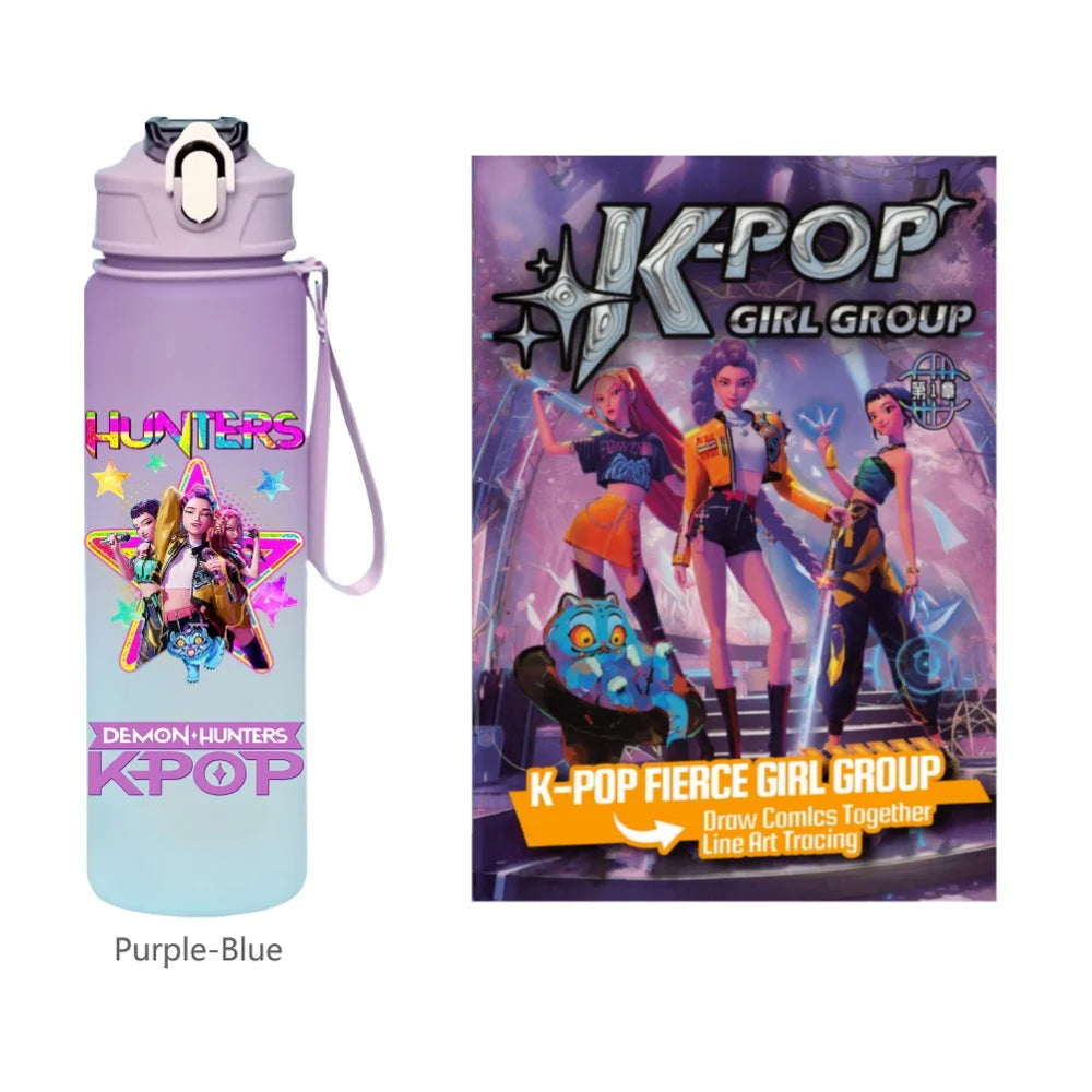 K-Pop Demon Hunters 🧃 – 750 ML Sports Bottle + Anime Coloring Book Set for Creative Kids!"