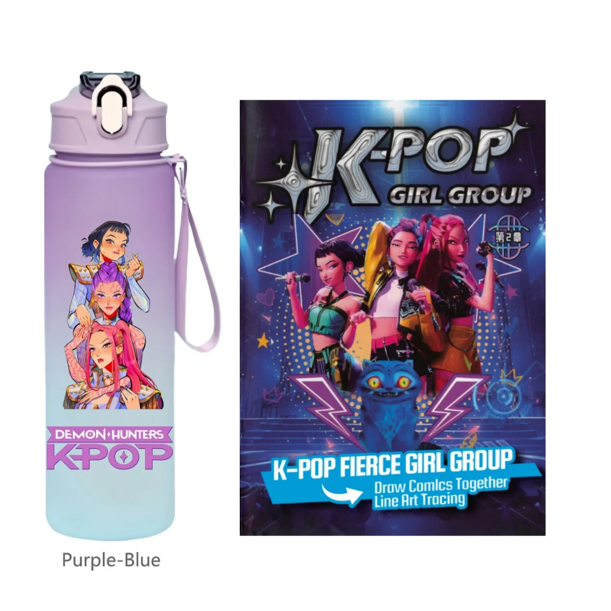 K-Pop Demon Hunters 🧃 – 750 ML Sports Bottle + Anime Coloring Book Set for Creative Kids!"