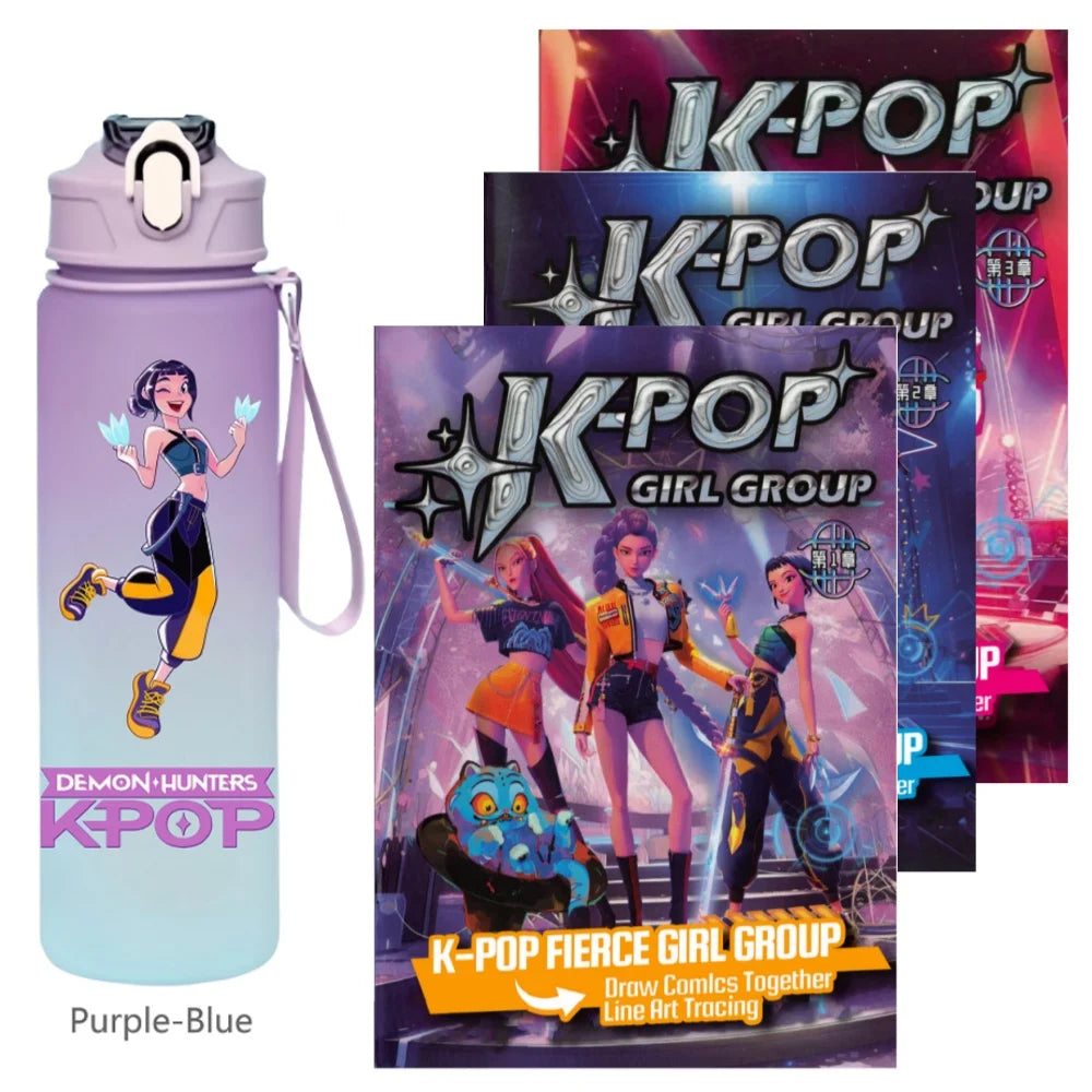 K-Pop Demon Hunters 🧃 – 750 ML Sports Bottle + Anime Coloring Book Set for Creative Kids!"