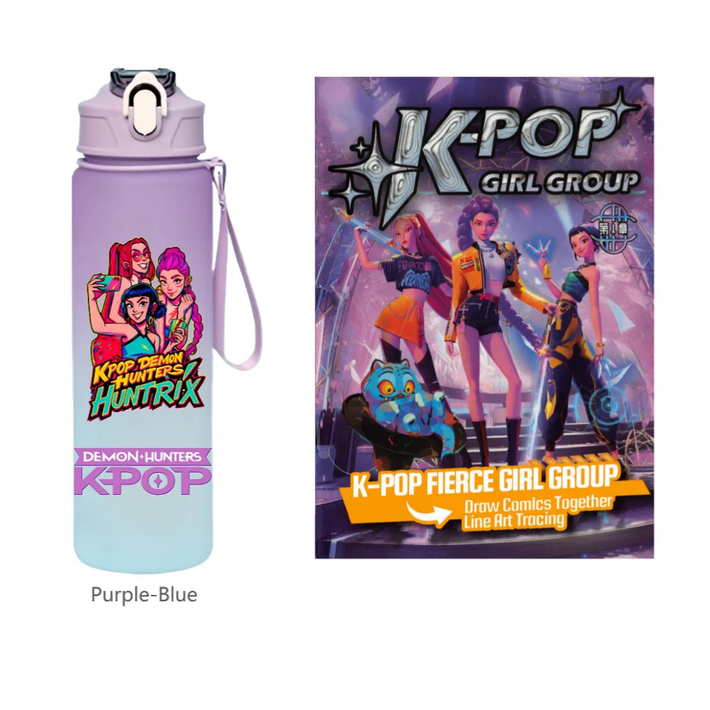 K-Pop Demon Hunters 🧃 – 750 ML Sports Bottle + Anime Coloring Book Set for Creative Kids!"