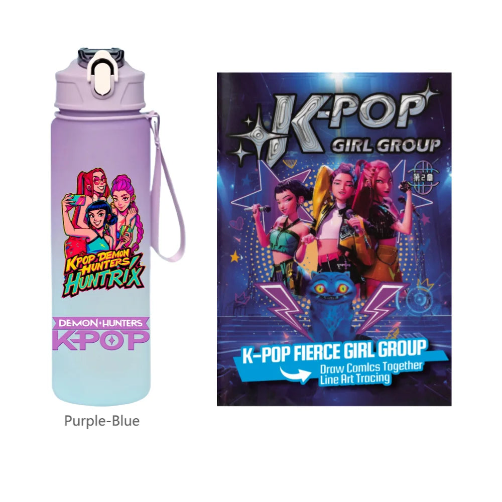 K-Pop Demon Hunters 🧃 – 750 ML Sports Bottle + Anime Coloring Book Set for Creative Kids!"