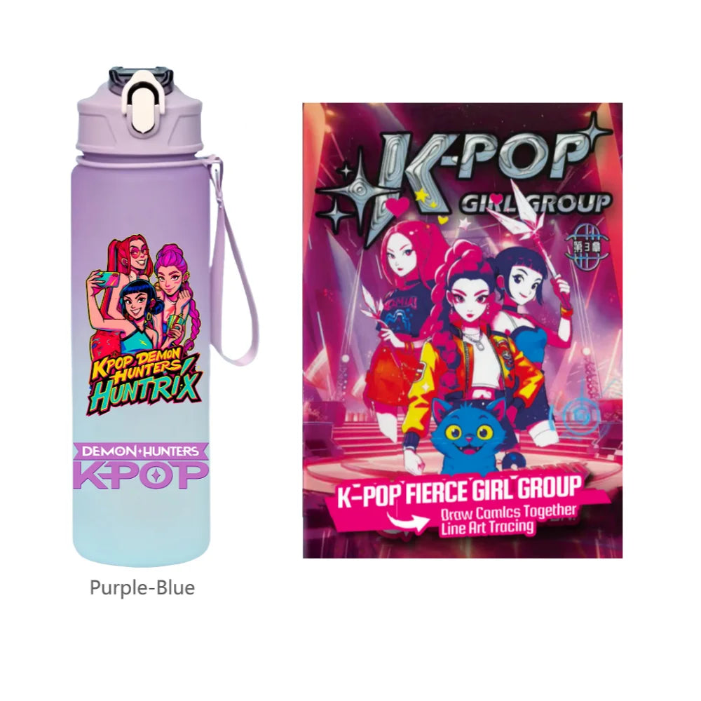 K-Pop Demon Hunters 🧃 – 750 ML Sports Bottle + Anime Coloring Book Set for Creative Kids!"