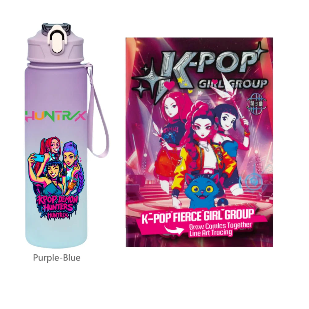 K-Pop Demon Hunters 🧃 – 750 ML Sports Bottle + Anime Coloring Book Set for Creative Kids!"