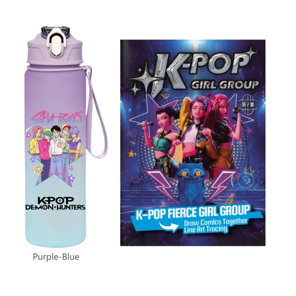 K-Pop Demon Hunters 🧃 – 750 ML Sports Bottle + Anime Coloring Book Set for Creative Kids!"
