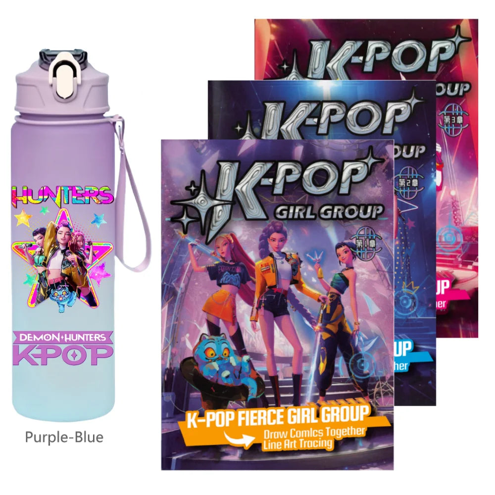 K-Pop Demon Hunters 🧃 – 750 ML Sports Bottle + Anime Coloring Book Set for Creative Kids!"