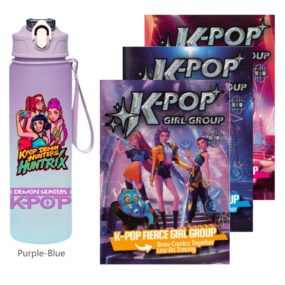 K-Pop Demon Hunters 🧃 – 750 ML Sports Bottle + Anime Coloring Book Set for Creative Kids!"