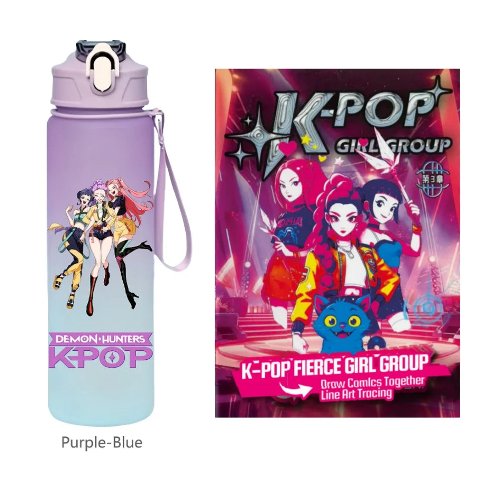 K-Pop Demon Hunters 🧃 – 750 ML Sports Bottle + Anime Coloring Book Set for Creative Kids!"