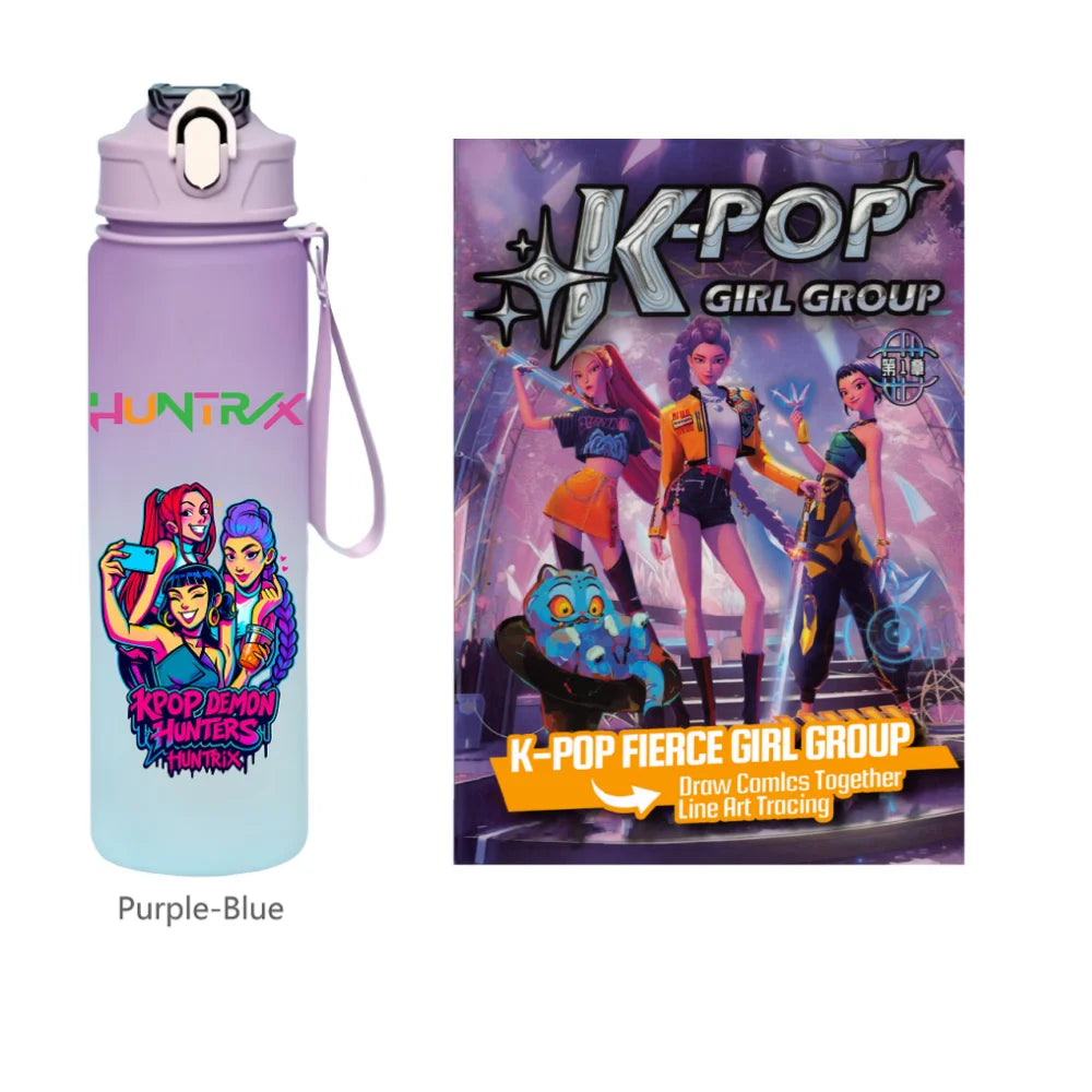 K-Pop Demon Hunters 🧃 – 750 ML Sports Bottle + Anime Coloring Book Set for Creative Kids!"