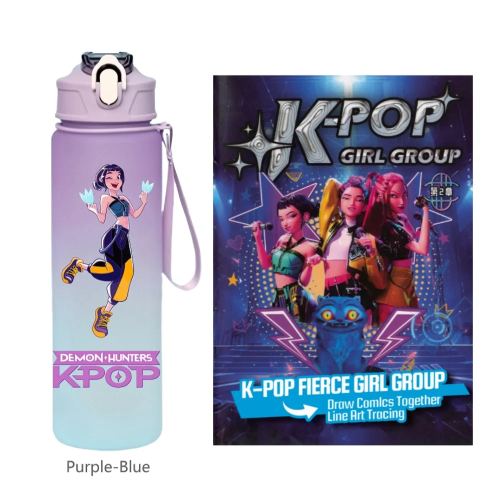 K-Pop Demon Hunters 🧃 – 750 ML Sports Bottle + Anime Coloring Book Set for Creative Kids!"