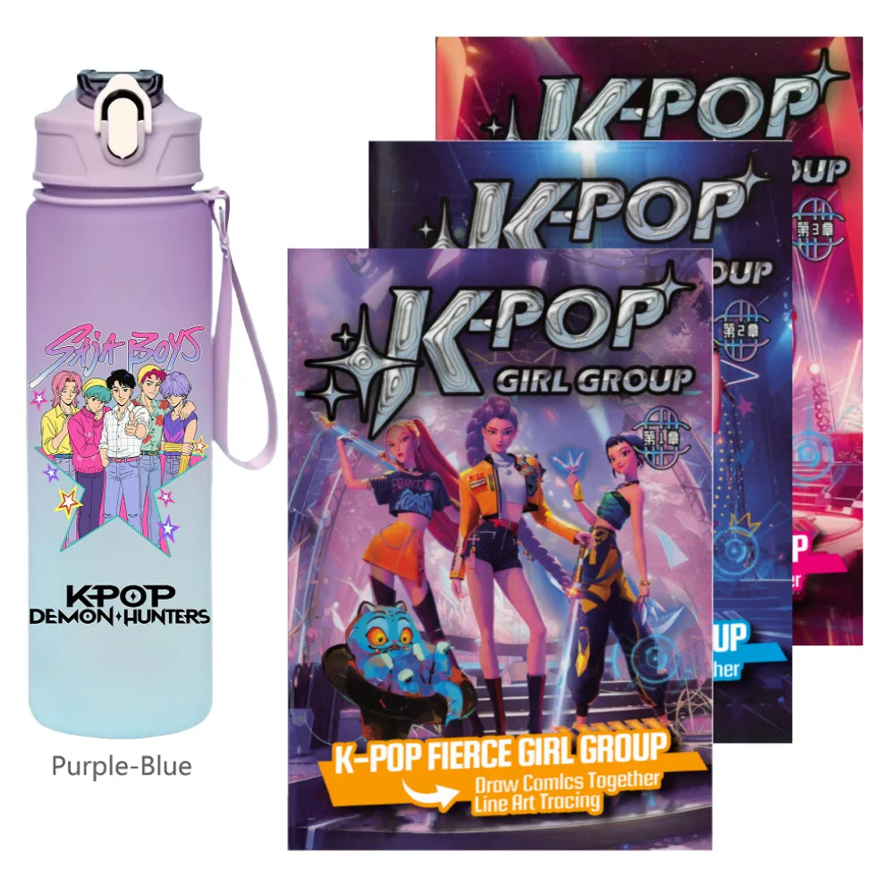K-Pop Demon Hunters 🧃 – 750 ML Sports Bottle + Anime Coloring Book Set for Creative Kids!"