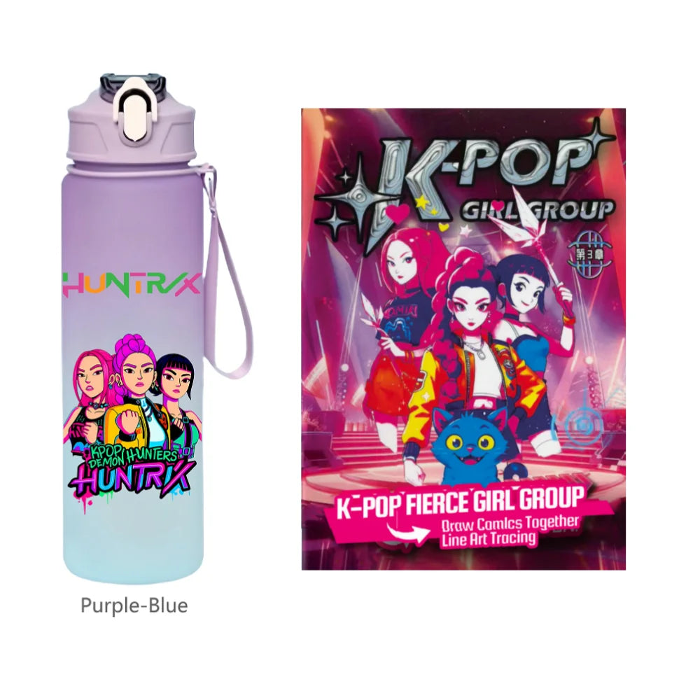 K-Pop Demon Hunters 🧃 – 750 ML Sports Bottle + Anime Coloring Book Set for Creative Kids!"