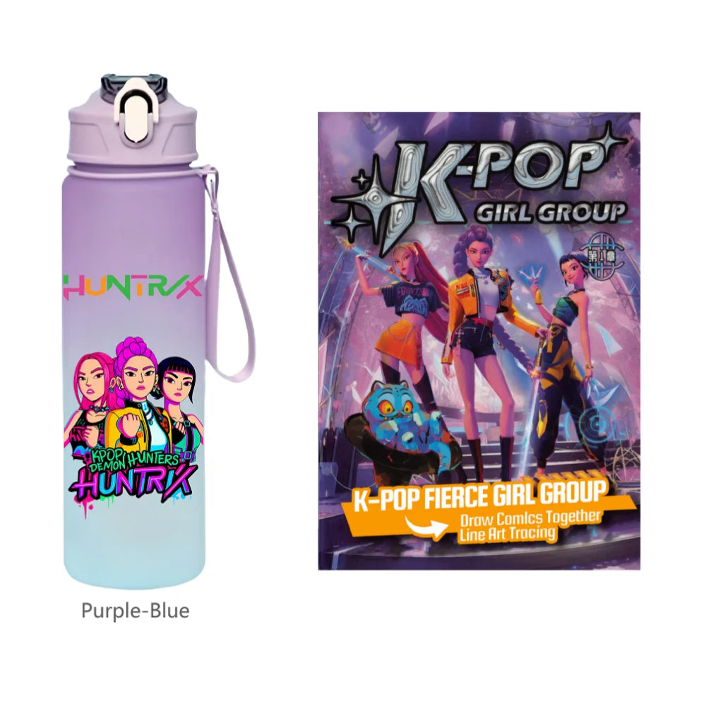 K-Pop Demon Hunters 🧃 – 750 ML Sports Bottle + Anime Coloring Book Set for Creative Kids!"