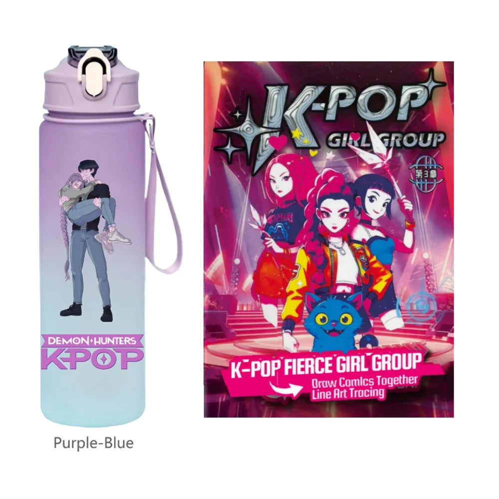 K-Pop Demon Hunters 🧃 – 750 ML Sports Bottle + Anime Coloring Book Set for Creative Kids!"