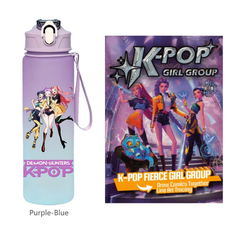 K-Pop Demon Hunters 🧃 – 750 ML Sports Bottle + Anime Coloring Book Set for Creative Kids!"