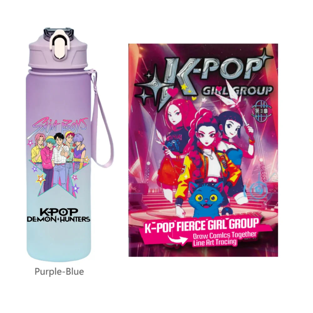 K-Pop Demon Hunters 🧃 – 750 ML Sports Bottle + Anime Coloring Book Set for Creative Kids!"