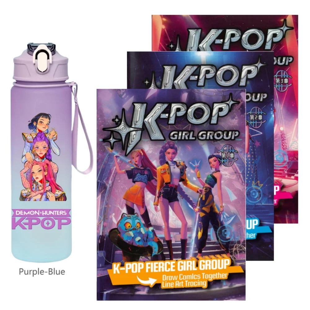 K-Pop Demon Hunters 🧃 – 750 ML Sports Bottle + Anime Coloring Book Set for Creative Kids!"