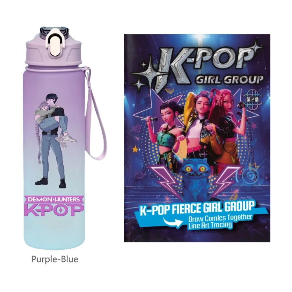K-Pop Demon Hunters 🧃 – 750 ML Sports Bottle + Anime Coloring Book Set for Creative Kids!"
