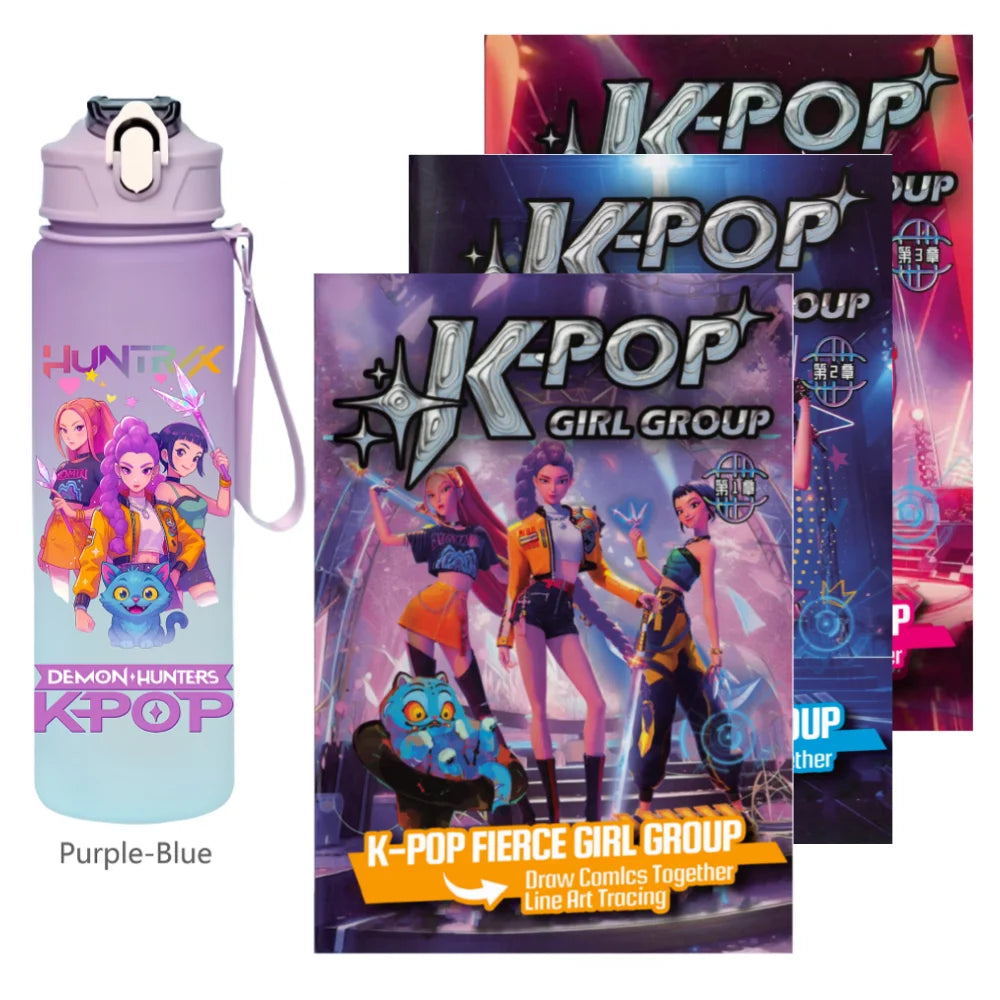 K-Pop Demon Hunters 🧃 – 750 ML Sports Bottle + Anime Coloring Book Set for Creative Kids!"