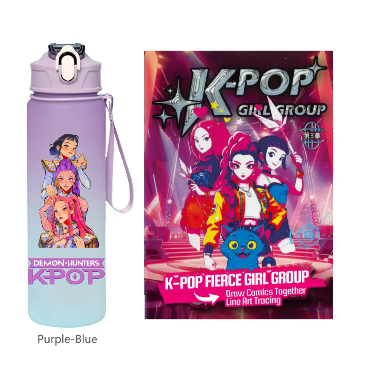 K-Pop Demon Hunters 🧃 – 750 ML Sports Bottle + Anime Coloring Book Set for Creative Kids!"