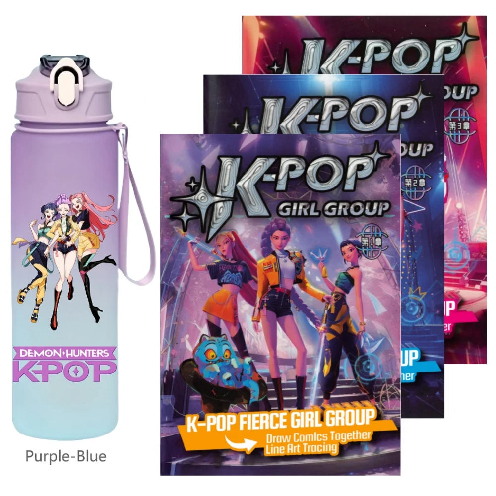 K-Pop Demon Hunters 🧃 – 750 ML Sports Bottle + Anime Coloring Book Set for Creative Kids!"
