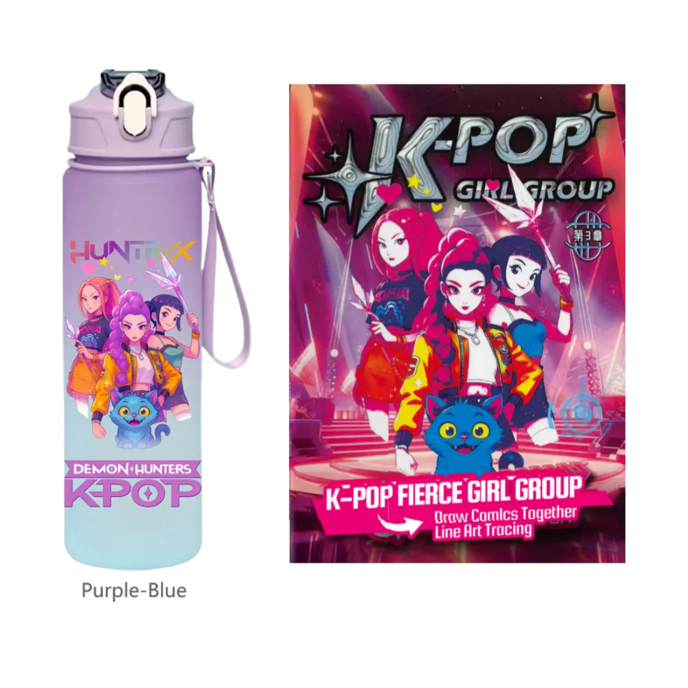 K-Pop Demon Hunters 🧃 – 750 ML Sports Bottle + Anime Coloring Book Set for Creative Kids!"