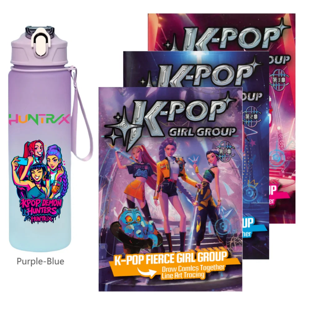 K-Pop Demon Hunters 🧃 – 750 ML Sports Bottle + Anime Coloring Book Set for Creative Kids!"