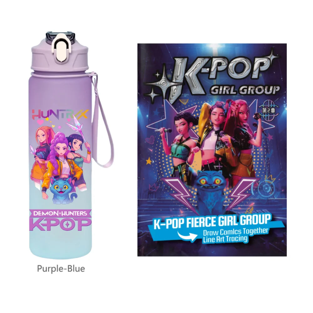 K-Pop Demon Hunters 🧃 – 750 ML Sports Bottle + Anime Coloring Book Set for Creative Kids!"