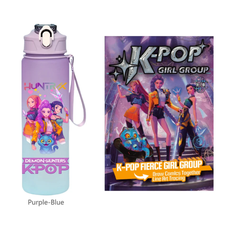 K-Pop Demon Hunters 🧃 – 750 ML Sports Bottle + Anime Coloring Book Set for Creative Kids!"