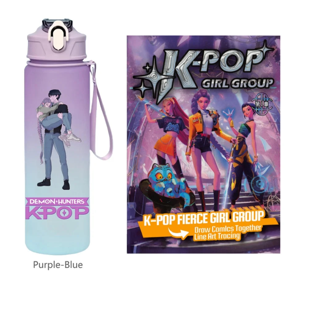 K-Pop Demon Hunters 🧃 – 750 ML Sports Bottle + Anime Coloring Book Set for Creative Kids!"