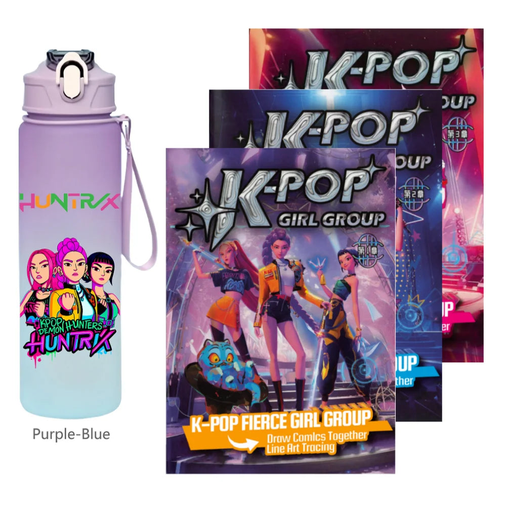 K-Pop Demon Hunters 🧃 – 750 ML Sports Bottle + Anime Coloring Book Set for Creative Kids!"