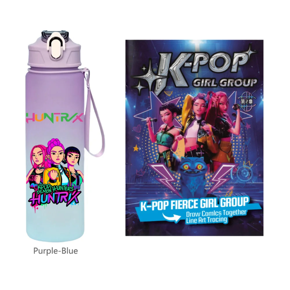 K-Pop Demon Hunters 🧃 – 750 ML Sports Bottle + Anime Coloring Book Set for Creative Kids!"